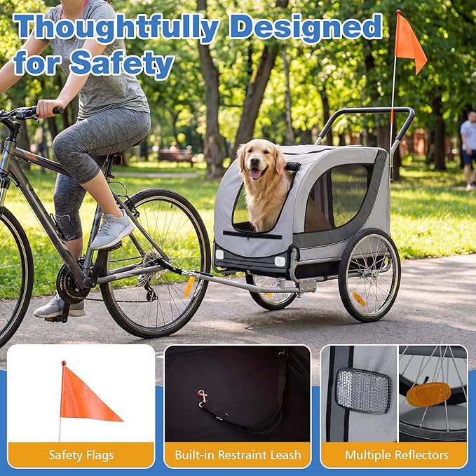 Giantex 2-in-1 Dog Bike Trailer & Pet Stroller for Large Dogs – Foldable Pet Carrier Cart with Front Caster & 2 Air-Filled Tires, Breathable Mesh, PVC Rain Cover, 176 lbs Capacity