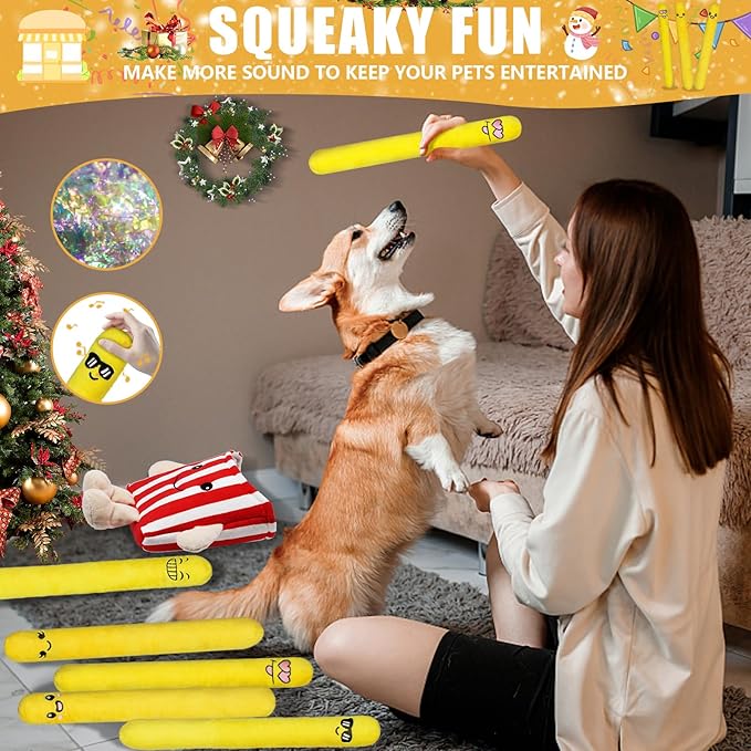 Dog Squeak Toys, 5 Pack Christmas French Fry PlushToys Interactive Cute Dog Toys for Small Dogs Holiday Dog