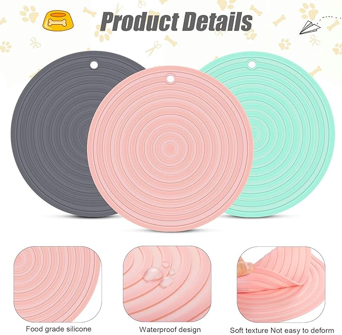 3 Pieces Silicone Pet Food Mat Feeding Mat for Dog and Cat Bowl Placemat Preventing Food and Water Overflow Suitable for Medium and Small Pet(9.5 Inch,Pink, Green, Gray)