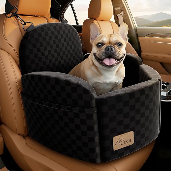 Dog Car Seat for Small/Medium Dogs Up to 35 lbs, Elevated Memory Foam Dog Booster Seat with 2 Safety Belts, Travel Safety Pet Car Seat with Detachable Washable Cover and Storage Pockets (Black/Black)