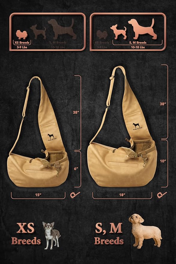 Noah & Paw Dog Sling Carrier for Small Dogs 5-18lb, Dog Sling for Small Dogs and Cats, Dog Carrier with Adjustable Padded Strap, Vegan Leather Lined with Fur, 3X Safety Features, Machine Washable