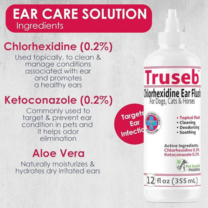 Truseb Maximum Strength Dog Ear Infection Treatment Flush, Cat & Dog Ear Cleaner Solution Medicated with Chlorhexidine & Ketoconazole Helps with Ear Itching Redness Swelling (12 oz)