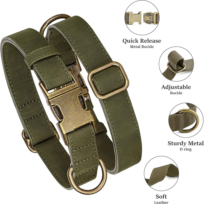 Didog Soft PU Leather Dog Collar, Stylish Quick Released Dog Collars for Small Dogs, Easy Clean Adjustable Pet Collar for Daily Walking, Dark Green, S Fit 10-15" Neck