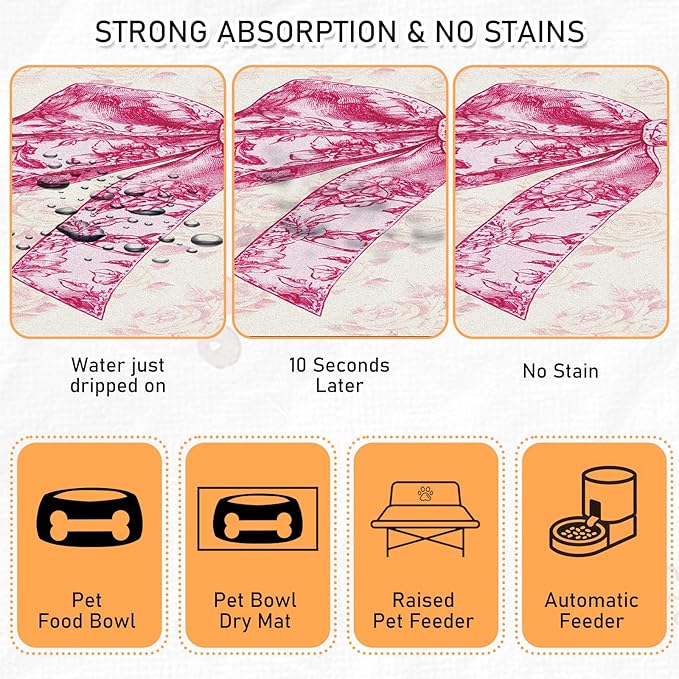 Dog Bowl Mat for Food and Water - Hamdwerk Absorbent Anti Slip Cat Feeding Mats for Floors, Quick Dry Pet Dog Feeding Matts, Diatomite Pet Dish Placemat Supplies, Coquettee Bow Style, 17 * 30in