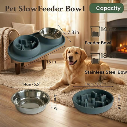 Slow Feeder Dog Bowls, 2-in-1 Dog Slow Feeder Bowl with Stainless Steel Water Bowl, Anti-Slip Non-Spill Puzzle Feeder for Dogs Cats, Bloat Prevention Set for Puppies & Large Breeds
