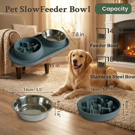 Slow Feeder Dog Bowls, 2-in-1 Dog Slow Feeder Bowl with Stainless Steel Water Bowl, Anti-Slip Non-Spill Puzzle Feeder for Dogs Cats, Bloat Prevention Set for Puppies & Large Breeds
