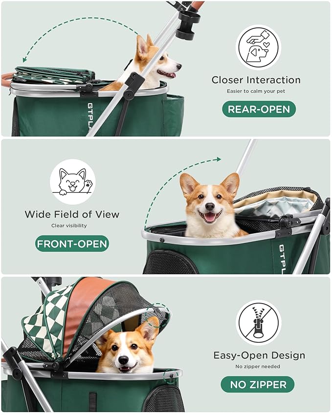 GTPLAYER Pet Stroller for Dogs & Cats, 3-in-1 Foldable Pet Stroller with Detachable Carrier, 360° Swivel Front Wheels & Rear Brakes, Up to 45 lbs, Green