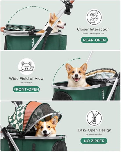 GTPLAYER Pet Stroller for Dogs & Cats, 3-in-1 Foldable Pet Stroller with Detachable Carrier, 360° Swivel Front Wheels & Rear Brakes, Up to 45 lbs, Green