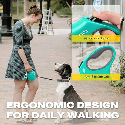 Fida Retractable Dog Leash with Dispenser and Poop Bags, 16 ft Pet Walking Leash for Large Dog up to 110 lbs, Anti-Slip Handle, Tangle-Free, Reflective Nylon Tape (L, Teel)