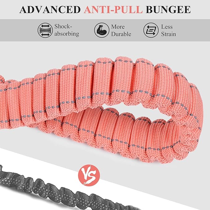 VIVAGLORY Hands Free Dog Leash Bungeeone Running Dog Leash with Waist Belt for Running Walking & Jogging, Bungee & Around Waist for Pet, M, Pink/Grey