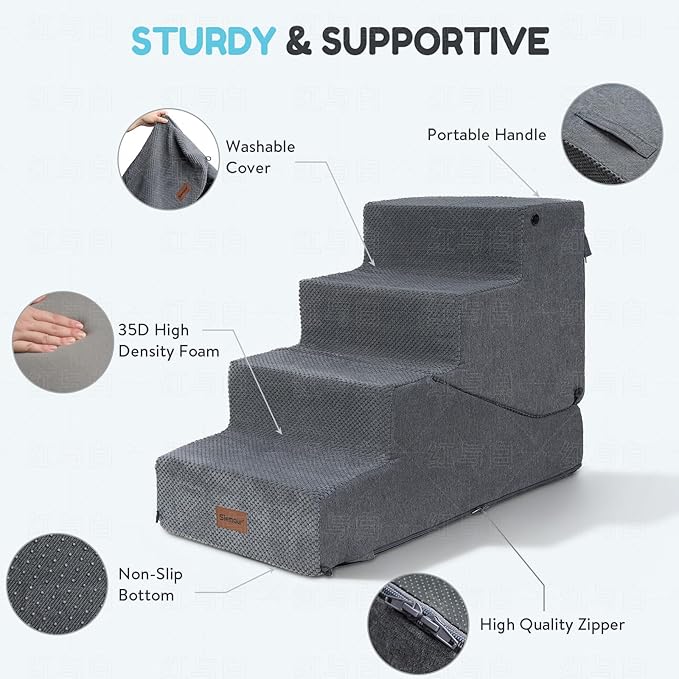 4-Step Dog Stair and Ramp for Small Dogs and Cats, Pet Steps for Bed with Non-Slip Bottom, Grey