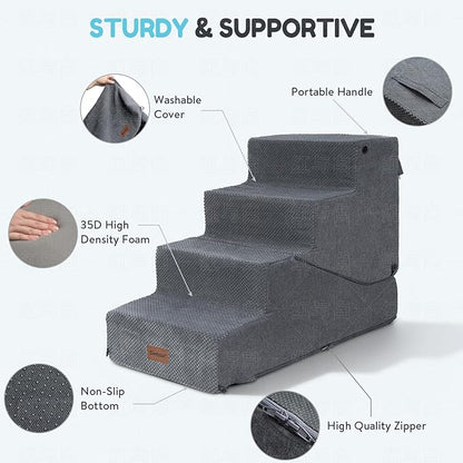 4-Step Dog Stair and Ramp for Small Dogs and Cats, Pet Steps for Bed with Non-Slip Bottom, Grey