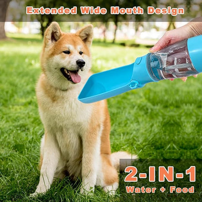 Portable Dog Water Bottle - 2-in-1 Dog Travel Water Bottle with Food Container & Bowl Dispenser, Leak-Proof, Lightweight, Ideal for Dog, Cat Walking, Hiking, Travel - 8 oz, Blue