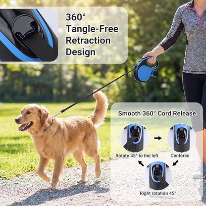 Segarty 16 Ft Retractable Dog Leash with Detachable Poop Bag Holder, 5m Walking Leash for Pets up to 66 lbs, 360°Tangle-Free Dog Lead with Anti-Slip Handle & One-Handed Brake Pause Lock for Outdoors