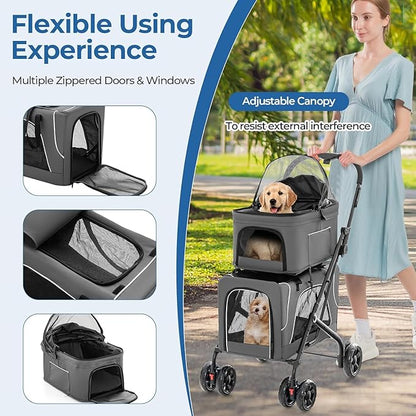 Double Dog Stroller, Foldable 3-in-1 Cat Strollers with 2 Detachable Carriers, Safety Belt, Washable Cover, Removable Pads, 4 Wheels Travel Pet Stroller for Small Medium Dogs(Grey)