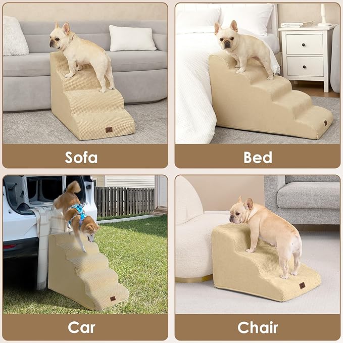 EHEYCIGA Curved Dog Stairs Ramp for High Beds 22.6" H, 5-Step Dog Steps for Small Dogs and Cats, Pet Stairs for High Bed Climbing, Non-Slip Balanced Pet Step Indoor, Graige
