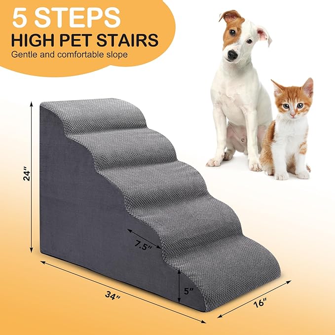 Dog Stairs for Bed, 5-Step Dog Steps for Couch and High Bed, Non-Slip Pet Stairs, 24" High Sofa Foam Ramp - Best for Small Pets, Older Cats with Joint Pain