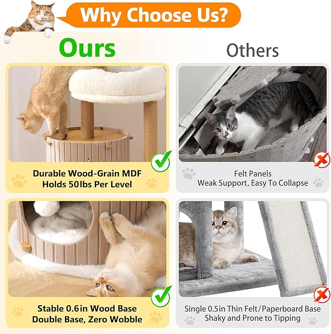 Modern Cat Tree for Indoor Cats Large Adult, 36in H Cat Tree Tower with Scratching Posts, Cozy Cat Bed Cave, Washable Cushions, Dangling Balls, Play&Nap Cat House Condo for All Breeds, Brown