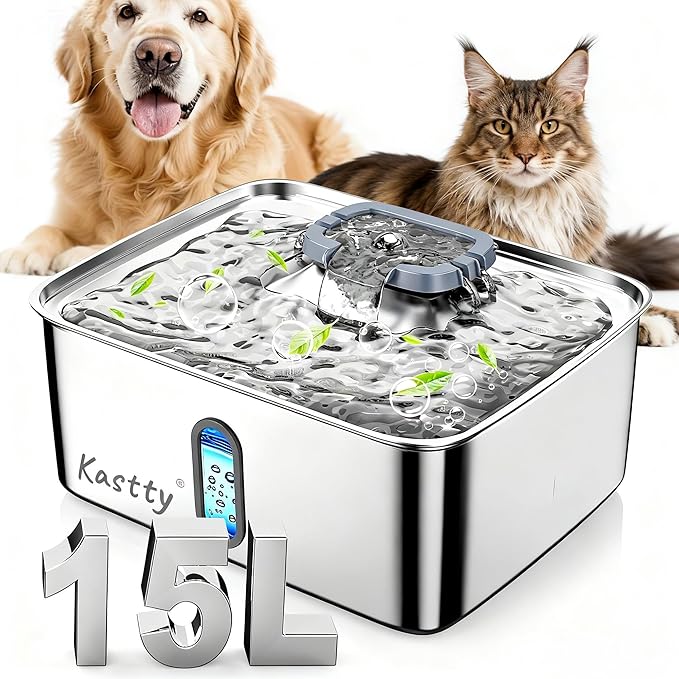 Kastty 3.96 Gal Dog Water Fountain for Large Dogs,15L Stainless Steel Large Pet Water Fountain, Ultra Quiet Automatic Dog Water Bowl Dispenser with Water Level Window and LED Light(FS78,Grey
