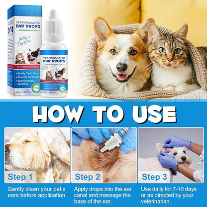Cat & Dog Ear Infection Treatment Drops, Ear Cleaner to Soothe and Relieve Itchness, with 1% Hydrocortisone for Dog Ear Infections, Prevents Inflammatio, Treats Ear Infections- 2.02 Fl.Oz