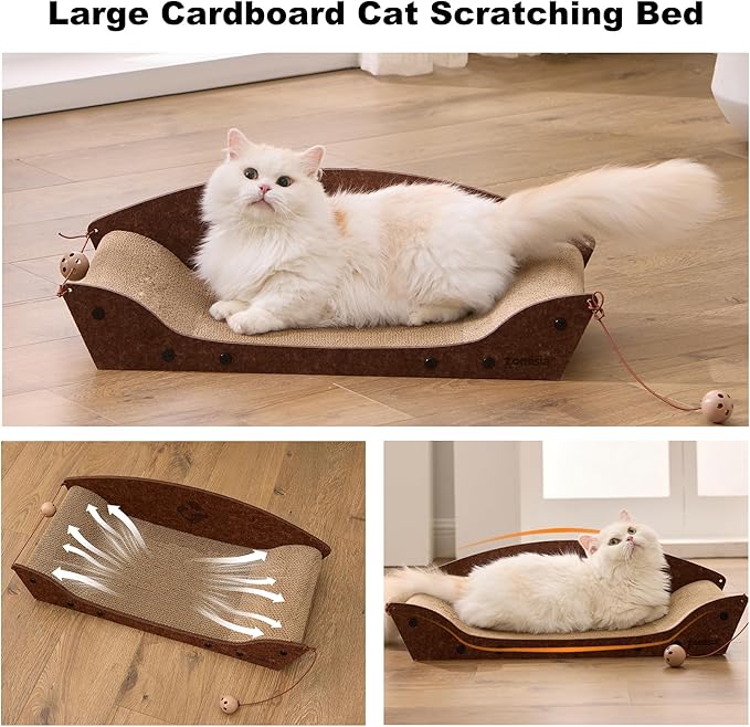 26'' Cardboard Cat Scratcher Bed - Large Scratcher Couch for Indoor Cats, Orthopedic Scratching Board, Lounger Scratching Couch with Bells