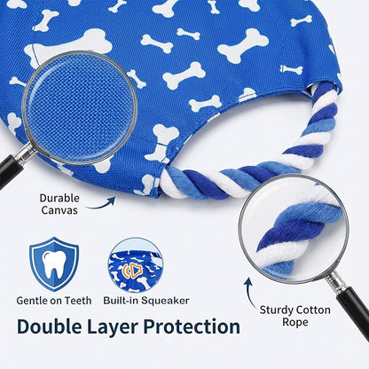 Dog Rope Flying Disc Toy with Squeaker | Durable Canvas Center & Braided Cotton Rope Ring | 2-in-1 Fetch & Tug Interactive Toy for Small & Medium Dogs | 9 Inch