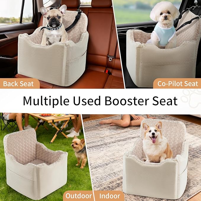 Dog Car Seat for Small Medium Dogs - 6.7inch Elevated Dog Booster Car Seats with Deluxe Rose Plush, Washable Safety Pet Carseat Travel Bed with 2 Safety Belts and Storage Pockets(Beige)