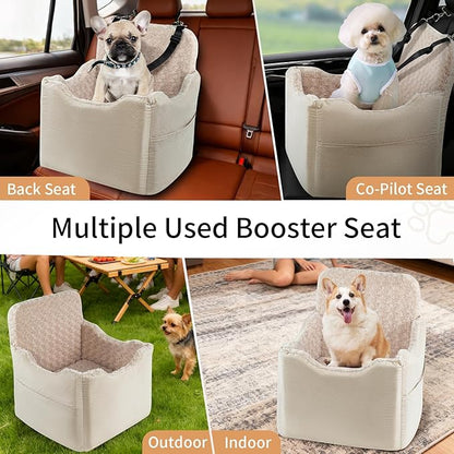 Dog Car Seat for Small Medium Dogs - 6.7inch Elevated Dog Booster Car Seats with Deluxe Rose Plush, Washable Safety Pet Carseat Travel Bed with 2 Safety Belts and Storage Pockets(Beige)