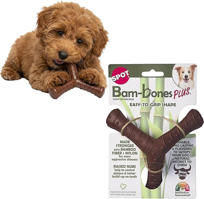 SPOT Bam-Bones Plus Tripod, Bamboo Fiber & Nylon Dog Chew, Durable for Moderate to Aggressive Chewers, Non-Splintering, for Adult Dogs & Teething Puppies Under 50lbs, 5inch, Bison Flavor