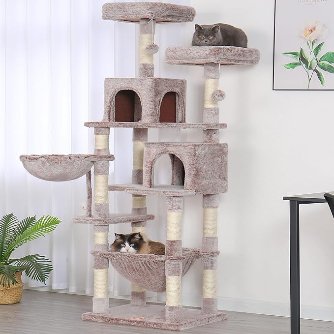 Heybly Cat Tree, 70 inches Tall Cat Tower Condo with Toy for Indoor Large Cats, Cat House Furniture with Padded Plush Perch, Cozy Hammock and Sisal Scratching Posts, Muchroom HCT032MU