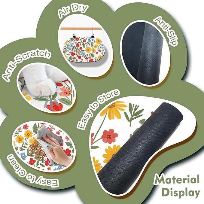 Absorbent Cat Mats for Food and Water 24''x16'', Non-Slip Rubber Mat for Cats Bowls, Easy Store Pet Food Placemat, Mats for Under Cats Food Bowls, Fit with Kitchen, Living Room, White Floral