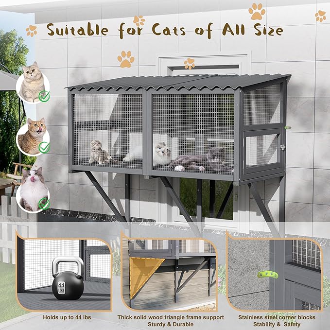 Cat Catio, Cat Window Perch for Large Cats - Catio Outdoor Cats Enclosure Windows, Patio Window Box Hommock for Sunbathing, Napping, Outside Wooden Catios for Indoor Kittens (Gray)