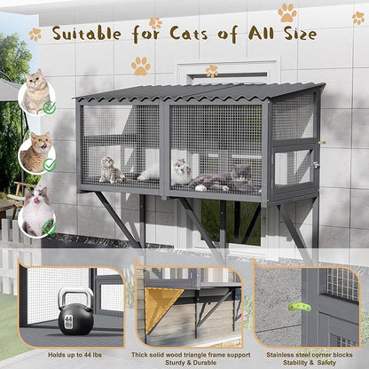 Cat Catio, Cat Window Perch for Large Cats - Catio Outdoor Cats Enclosure Windows, Patio Window Box Hommock for Sunbathing, Napping, Outside Wooden Catios for Indoor Kittens (Gray)