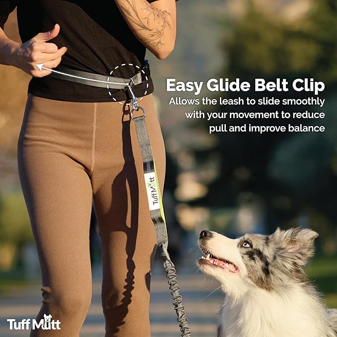 Tuff Mutt Hands Free Dog Leash for Walking Running Hiking, Waist Leash with Bungee, Adjustable Belt, Reflective Double Handle Design for Large Medium Dogs