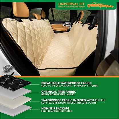 Plush Paws Products Premium Rear Car Seat Protector w/Hammock | Washable & Waterproof Back Seat Dog Cover for Car, Truck, & SUV | Nonslip, Tear Resistant Pet Seat Cover | X-Large Tan