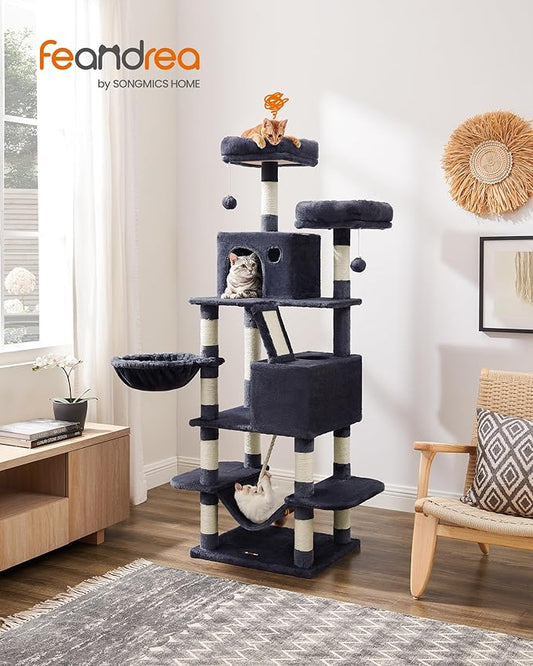 Feandrea Cat Tree, 66.1-Inch Large Cat Tower, Multi-Level Plush Condo with 13 Scratching Posts, 2 Perches, 2 Caves, Basket, Hammock, Pompoms, Smoky Gray UPCT165G01