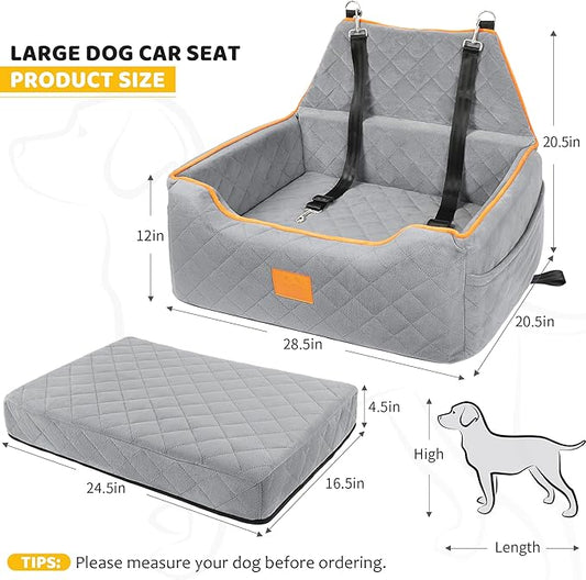 XIEEAOZEE Dog Car Seat for Large/Medium Dog, Booster Seat for Dogs Under 55Lbs or 2 Small Puppy, Detachable and Washable Travel Pet Bed with Thick Cushion and Storage Pockets (Gray)