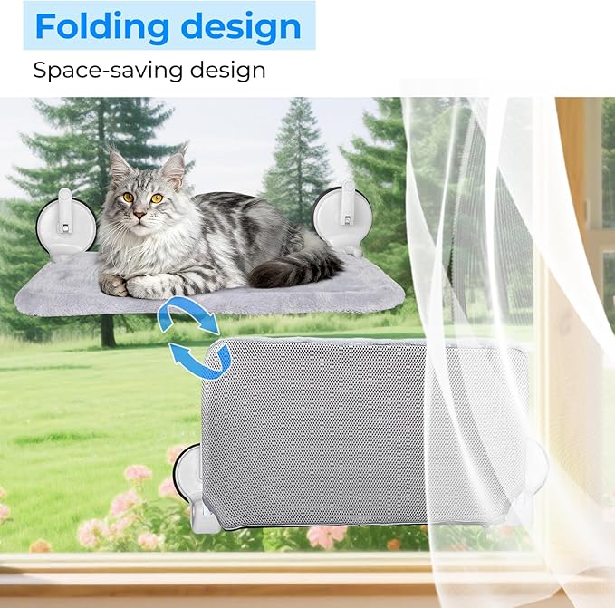 L&W BROS. 2PC Cat Window Perch with Lever Lock Suction Cups Holds up to 50 lbs Foldable & Space Saving Design Heavy Duty Window Hammock for Large or Multiple Cats (L 2Pc)