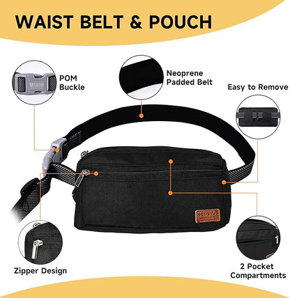 Hands Free Dog Leash with Zipper Pouch, Double Handle Running Reflective Bungee Waist Leash for Dog Walking, Training and Hiking for Small Medium Large Dogs (Black)