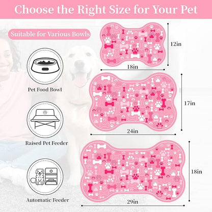 Dog & Cat Food Mat Bone Shaped Pet Feeding Mat Quick Absorb Water Bowl Placemat with Rubber Backing Indoor Floor Stain Resistant Pet Accessory Supplies (Pink, 12x18 Inches)