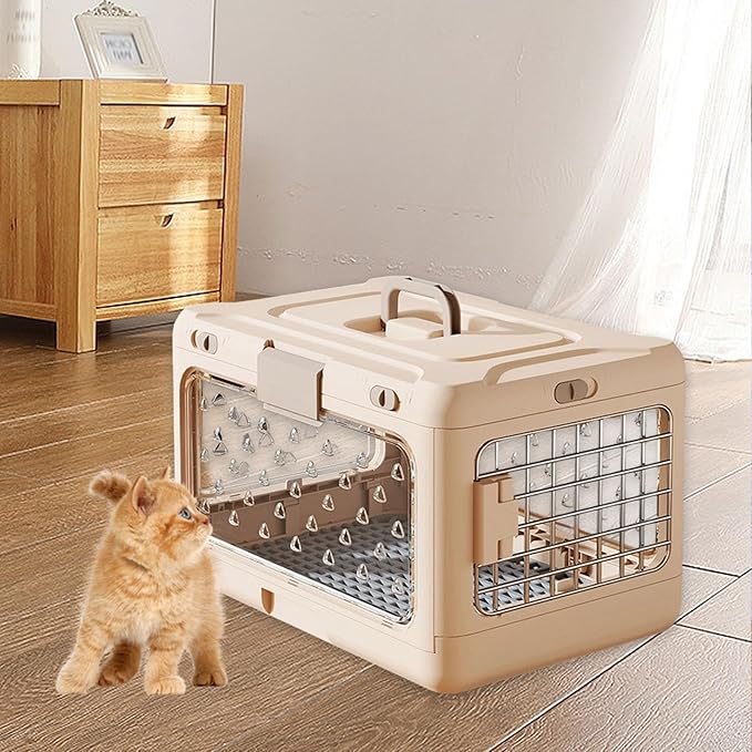Folding Puppy Crate Cat Transport Box Hard Sided Transparent Portable Dog Kennel Pet Carrier for Small Dogs Rabbit Kitten, Light Pink