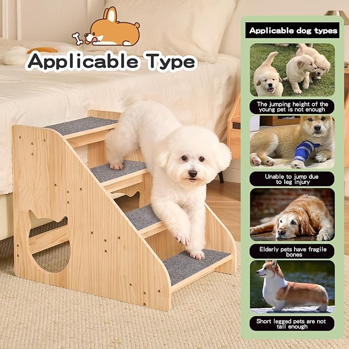 Dog Stairs for Small Medium Large Dogs 17.72" H Load Capacity 150lbs Solid Wood Non-Slip Sturdy Pet Steps for Bed & Couch 4 Step 15.75 * 22.44 * 17.72"