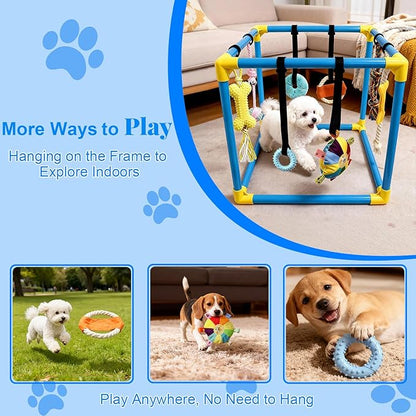Puppy Play Gym with 8 Hanging Toys - Indoor Jungle Gym for Small Dogs, Interactive Enrichment Activity Center for Puppies, 19.5" PVC Frame with Teething Squeaky Toys to Keep Them Busy