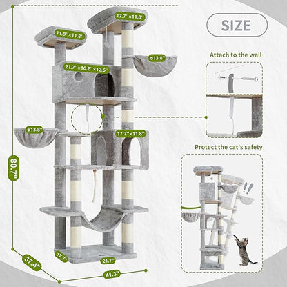 Tall Cat Tree, Large Cat Tower for Adult Cats, 80.7'' (205cm) Heavy-Duty Cat Tree House for Indoor Cats 20 lbs+ with Scratching Posts, 2 Top Perches/Condos, Hammcok, Light Gray GCT034W