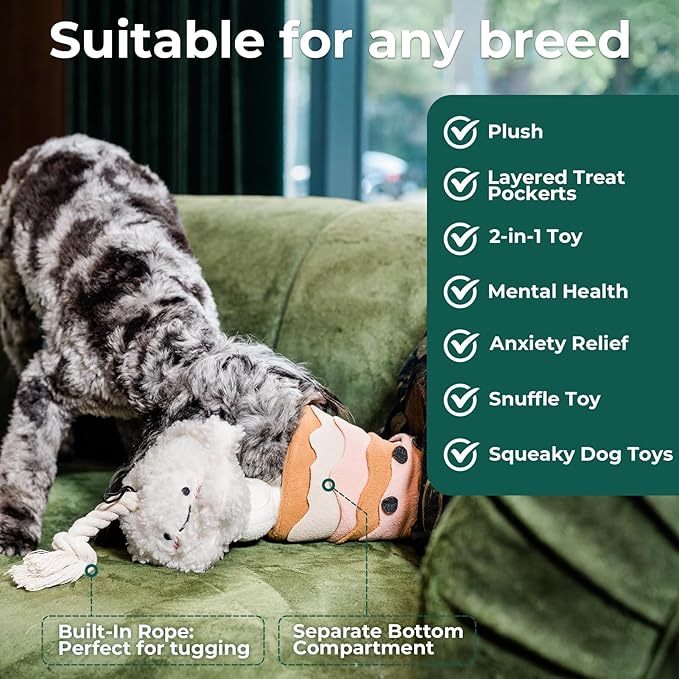 Milk Tea Plush Dog Toy Snuffle Toys for Dogs Slow Feed, Interactive Dog Enrichment Treat Puzzle,Puppy Chew Toy, Machine Washable Enrichment, Made of Recycled Materials, All Breed Sizes
