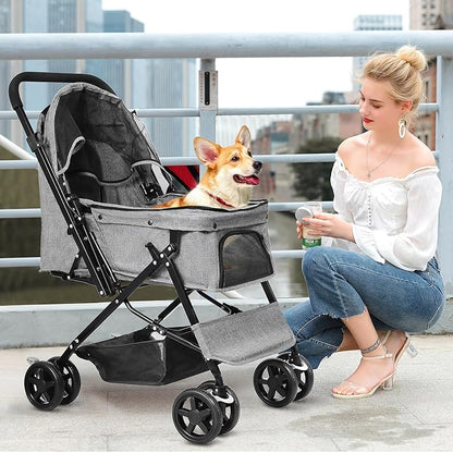 Lightweight Dog Stroller with Reversible Handle for Medium Small Dogs and Cats, Foldable Pet Stroller Travel Carriage with Large Storage Basket, 4 Wheels, Linen Gray