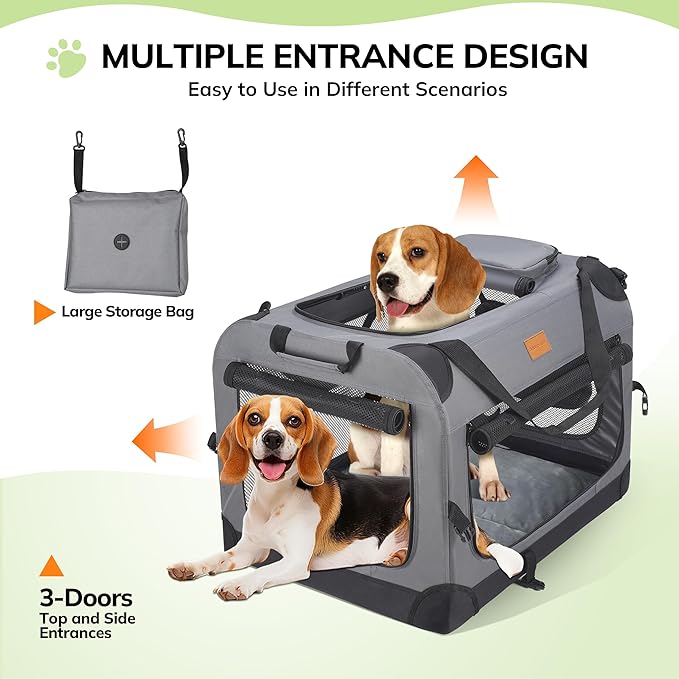 Morpilot 24-inch Portable Collapsible Dog Crate: Travel Dog Crate Soft-Sided for Small Medium Dogs up to 40lbs, with Foldable Bowl, Shoulder Strap & Storage Pockets, Grey