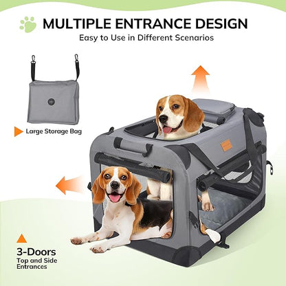 Morpilot 24-inch Portable Collapsible Dog Crate: Travel Dog Crate Soft-Sided for Small Medium Dogs up to 40lbs, with Foldable Bowl, Shoulder Strap & Storage Pockets, Grey