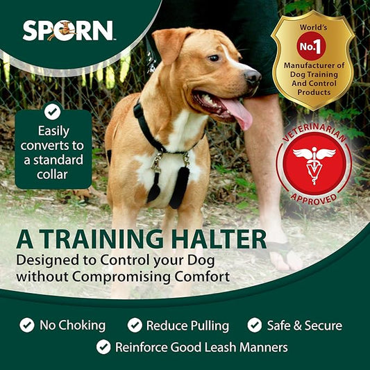 Sporn Original Dog Halter, No Pull Dog Harness, Durable Nylon Collar with Padded Restraint Sleeves for Medium Breeds, No Choke Design, Adjustable Fit, Easy On/Off, Black, Medium