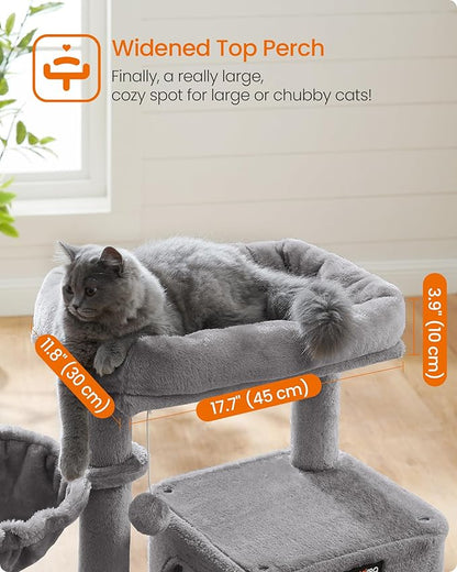 Feandrea Cat Tree, 37.8-Inch Cat Tower, Multi-Level Condo with Widened Perch, Scratching Posts and Ramp, 2-Door Cave, Hammock, Light Gray UPCT51W